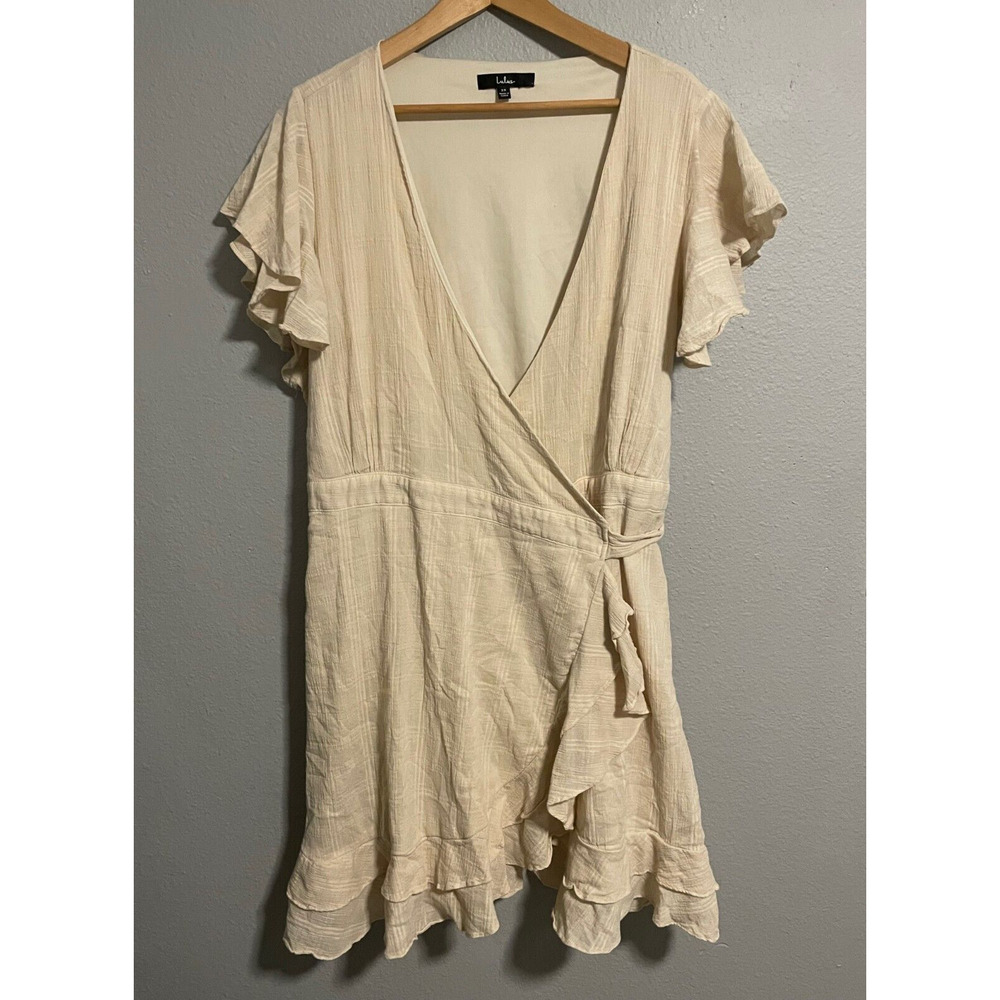 Lulus Womens Mini Wrap Dress 3X Beige Woven Tiered Flutter Sleeve Cottagecore
